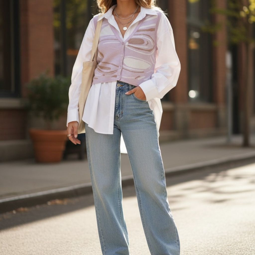 NWT Women's Hazel Moon Lavender White Abstract Sweater Vest Cardigan new preppy